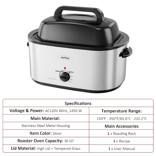 Image of Sunvivi 30QT Roaster Oven for Large Whole Turkey, Countertop Roaster Cooker | Self-Basting & Glass Viewing Lid, Removable Pan, 150-450F Temp Control, for Baking Slow Cook Defrost Warm Turkey Up to 30lb