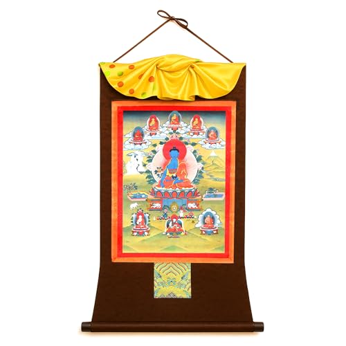 Mudra Crafts Medicine Buddha Tibetan Thangka Buddha Wall Art - Handmade Thangka Buddhist Tibetan Painting Yoga Zen Mediation Altar Wall Hanging Décor