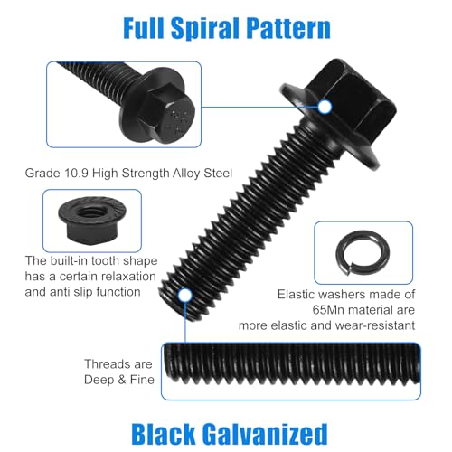 Image of Black Metric Nut Bolt and Washer Kit, 200 Pieces M6-1.0 x 12 /16 /20 /25 /30mm Flange Hex Head Bolt Serrated Flange Nut Washer Kit, Grade 10.9 Alloy Steel