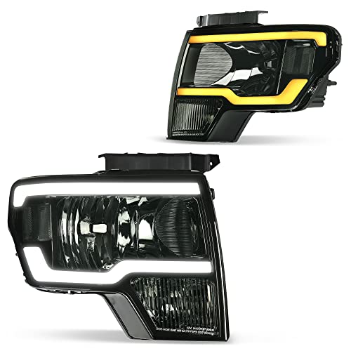 DWVO Headlights Assembly Compatible with 2009 2010 2011 2012 2013 2014 Ford F150 F-150 DRL Headlamp with Switchback LED Tube Driver and Passenger Side Smoke Lens
