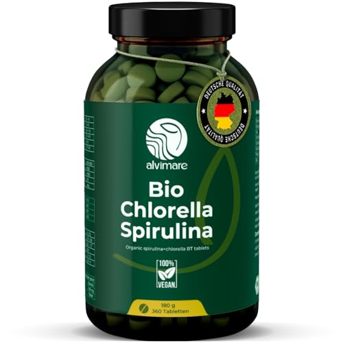 Compresse organiche di Spirulina e clorella, 180 g, 50/50 miscela Superfood, Nessun riempitivo, Senza additivi, Parete cellulare rotta, Ricco di proteine vegane e clorofilla