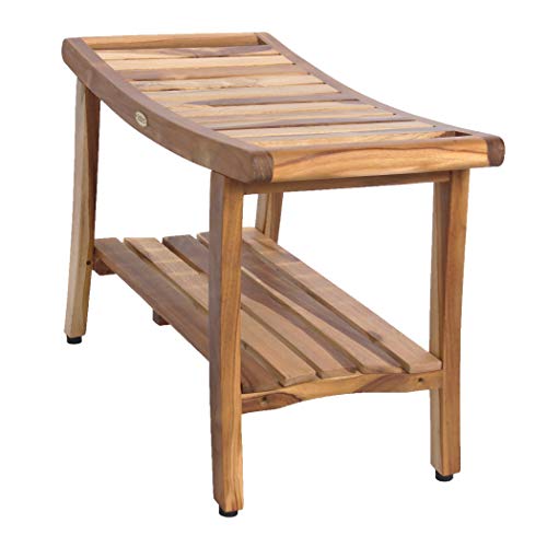 Ecodecors Harmony Teak Shower Bench 30" Long Natural Wood Shower Bench With Shelf And Liftaide Arms Shower Stool In Earthy Teak Finish For Indoors And Outdoors #TOP1