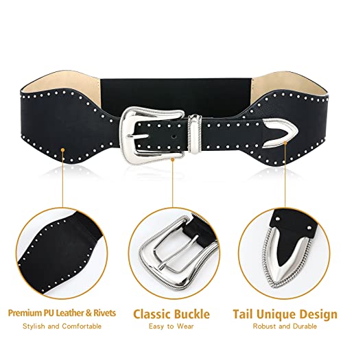 Women's Wide Stretchy Belts Chunky Belts Studded Western Elastic Belt for Women Cowboy Faux Leather Belt for Dresses2
