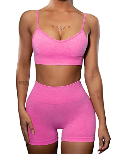 Iwemek Workout Sets For Women Seamless 2 Piece Yoga Outfits Tummy Control High Waist Leggings Running Shorts With Adjustable Sport Bra Activewear Sets 01 Hot Pink Medium #TOP9