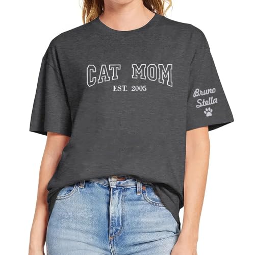 Personalized Embroidered Cat Mom Shirts, Shirts Embroidered Custom Cat Name On Sleeve, Cat Mom Shirts, Cat Shirts for Women, Shirt Mom with Name On Sleeve, Gifts for Cat Lover, Mothers Day - 02