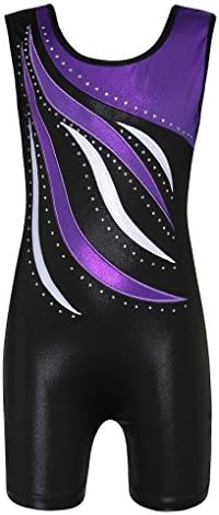 Shiny Waves Metallic Athletic Dance Gymnastics Biketards Leotards Unitards Outfit for Girls Purple Waves Black Size 10