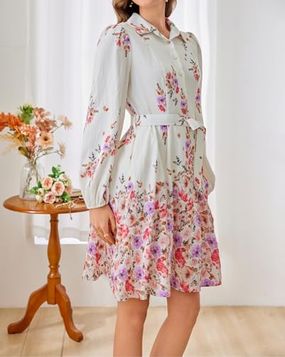 Image of Women Long Sleeve Spring Button Down A-Line Floral Print Summer Cocktail Shirt Dresses with Belt