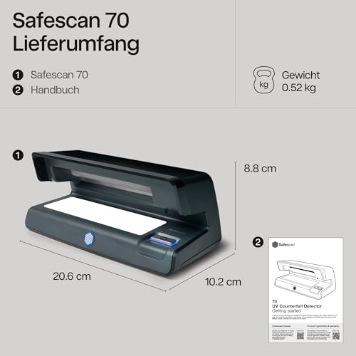 Safescan 70 UV-Falschgeldprüfgerät zur Prüfung von Banknoten, Kreditkarten und Ausweisen - UV-Geldscheinprüfer für neue Banknoten - UV-Falschgeldprüfgerät mit Weisslicht - UV-Geldscheinprüfer