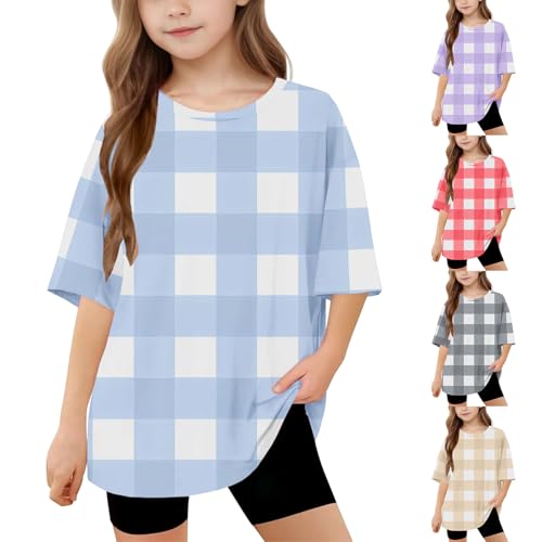 Short Sleeve T Shirts for Girls Trendy Plaid Summer Oversized Tops Casual Crewneck Basic Tees for 5-15 Years2