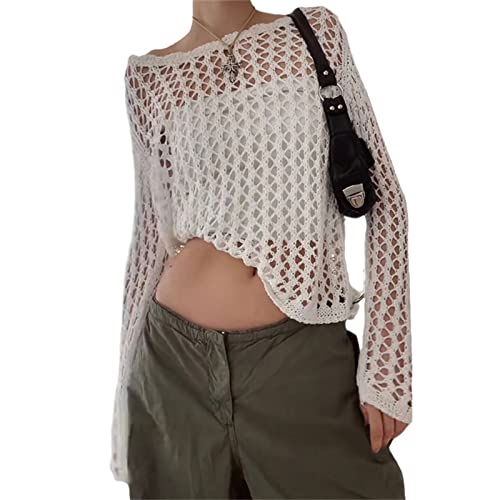 Damen Hollow Out Crochet Knit Y2K Langarm Crop Top Jumper Cover Up Pullover Streetwear Outfits Blouse E-Girl 90s Vintage Cover