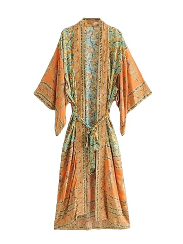 Kimono de plage bohème jaune à manches chauve-souris et col V en XL