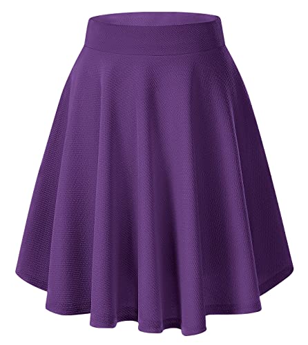 EXCHIC Femmes Élégant Taille Élastique Trompette A-Ligne Midi Jupe Base Uniforme Plissée roulettes Jupe(L, Violet foncé)