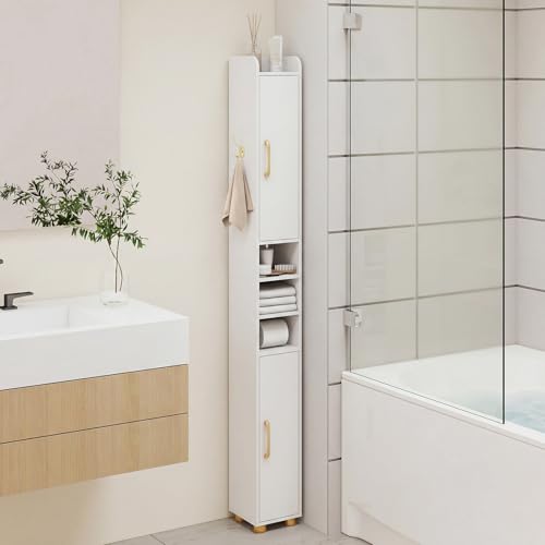 Image of Tangkula Narrow Bathroom Cabinet, 69.5 inch Tall Storage with 2 Doors & Adjustable Shelves, Toilet Paper Rod & Side Hook, Anti-toppling Design, Slim Floor Cabinet for Small Spaces (White, 2 Pack)