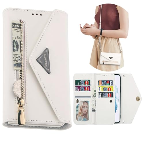 CCSamll Crossbody for Samsung Galaxy S24 Ultra (Not S24) Wallet Case for Women, Zipper Purse Handbag Neck Strap Lanyard Cover with 9 Card Slot Holder Case for Samsung Galaxy S24 Ultra XK White