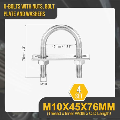 Image of DTGN M10x45x76mm U Bolts Round Kit - 4Set - 304 Stainless Steel U-Bolt Kit with Nuts, Washers, Frame Plate - Good for Pipe, Trailer, Automotive, Leaf Spring Fastener
