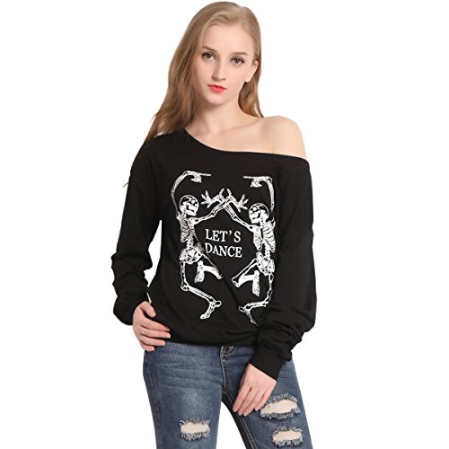 LuFeng Women's Christmas Halloween Off Shoulder Skeleton Printing Funny T-Shirt Long Sleeve Sweatshirts Pullover Tops - Image 5