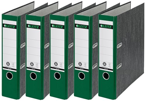 Leitz Qualitäts-Ordner, das Original, DIN A4 Aktenordner 8 cm breit, Wolkenmarmor-Papier, Recycling-Ordner, Blauer Engel, Mit 180° Mechanik, Höchste Stabilität (Breit, Grün, 5 Stück)