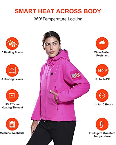 Dewbu Heated Jacket For Women With 12V Battery Pack Winter Outdoor Soft Shell Electric Heating Coat, Women's Rose Red, L #TOP2