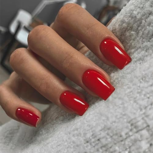 SXVME Red False Nails Short Medium Square Gel Press on Nails Coffin Medium Glossy Fake Nails Set Solid Color Acrylic Nail Natural Fit Reusable Stick on Nail for Women Daily Wear in 24 Pcs