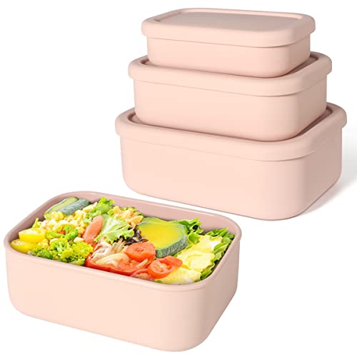 Keweis Silicone Food Storage Containers with Lids, Set of 3 Hard-Shell Bento Lunch Boxes, Airtight & Leakproof, Reusable Meal Prep Containers for Kitchen, Work, School, Travel (10oz, 23.6oz, 44oz) by Keweis - Used condition - US$14.35