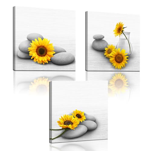 Biuteawal Sunflower Canvas Wall Art 3 Pieces Yellow and Grey Painting Relaxing Zen Stone Pictures Print Artwork for SPA Bathroom Yoga Room Bedroom Decoration Framed 12x12inchx3Panels