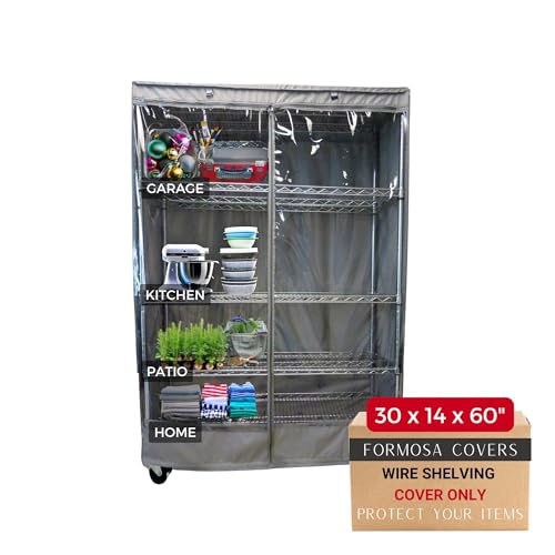 Formosa Covers Premium Clear Front Wire Shelf Cover Grey - Heavy-Duty Storage Solution for Wire Rack Storage (30”Wx14”Dx60”H) - Waterproof PVC, Water/Dust Resistant Fabric, Multi Zipper (NO SHELF)