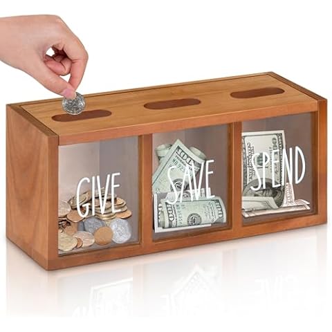 Wooden Piggy Bank for Kids, Money Saving Box for Adults, Kids Banks for Bills and Coins, Boys & Girls Piggy Bank, Visualized Piggy Bank Boalord for Bedroom, Living Room, Countertop,Brown Lacquer Cover