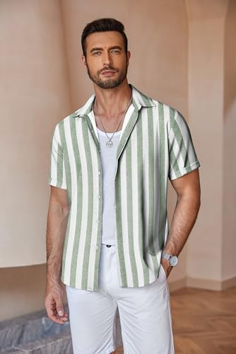 COOFANDY Men's Light Green Stripe Shirt Button Down Short Sleeve Summer Beach Shirt for Men Casual Beach Clothes