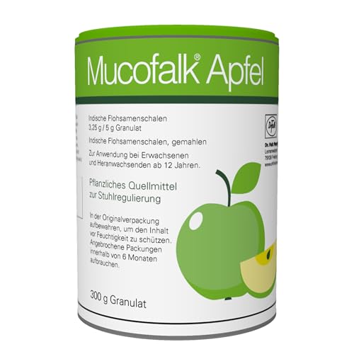 Mucofalk Apfel, hochwertige Flohsamenschalen, Arzneimittel bei Darmbeschwerden wie z.B. chronischer Verstopfung oder unterstützend bei Durchfall, als Granulat in der Dose, Apfelgeschmack, 300 g