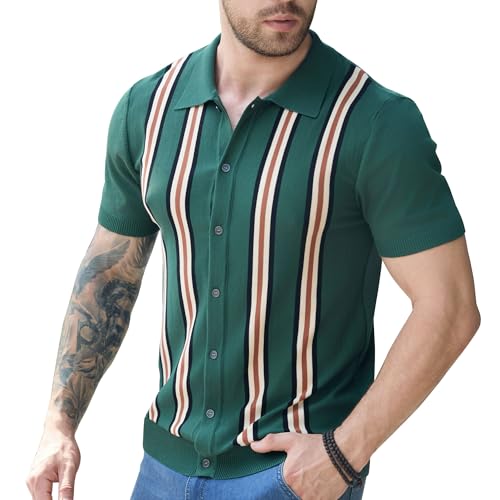 Knit Button Down Shirt Men- Men's Vintage Knit Polo Shirt- 70s Short Sleeve Retro Polo Shirts Vertical Stripes for Casual3