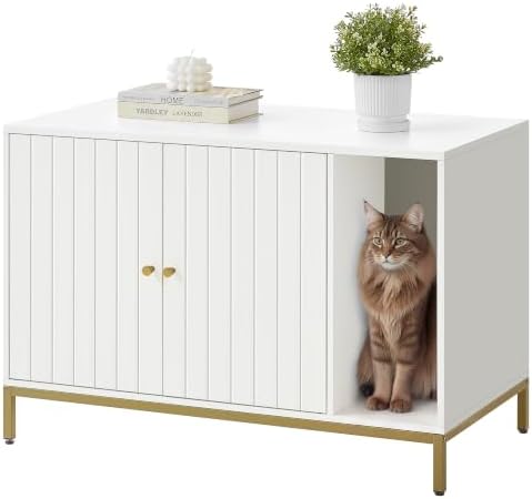 Feandrea Katzenklo-Schrank, mit Kratzmatte, hohe Beine, 90 x 48 x 61,5 cm | Katzenhaus, Katzentoilette, Beistelltisch für Katzen, weiß-goldfarben, ISLAND Kollektion PCL027W01