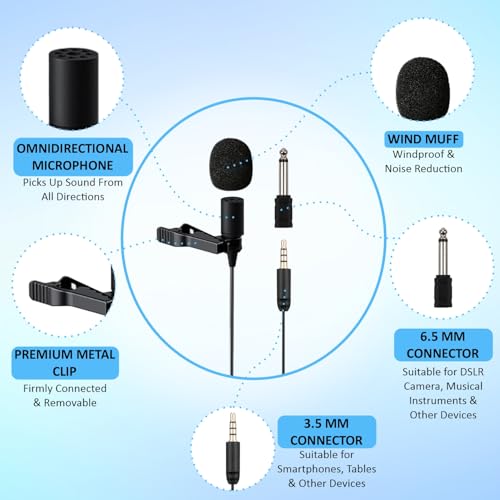 HUMBLE Lavalier Microphone - Omnidirectional Condenser Lapel Mic for 3.5 Mm Jack Android Smartphones, Camcorders, DSLRS, Ideal for Professional Interviews, & Streaming (6 MTR) Auxiliary - Image 4 thumbnail