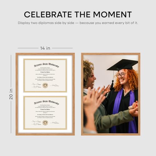 Image of Homeforia 14x20 Double Diploma Frame Wood, High End Natural Oak 14 x 20 Wooden Certificate Frame with Dual Mat for 8.5 by 11 Diplomas, 20x14 Award Graduation Frames, Tempered Glass, Wall Kit, Set of 3