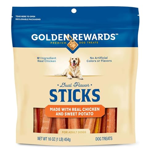 Golden Rewards Dual Flavor Dog Treat Sticks, Resealable 16 oz Bag, Real Chicken and Sweet Potato, No Artificial Colors or Flavors, No Corn or Soy, High Protein, Low Fat, Soft Texture, for Adult Dogs