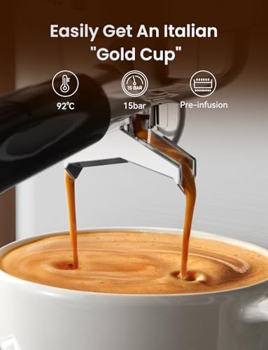 Image of Neretva Espresso Machine, 15 Bar Espresso Coffee Machine with Visible Pressure Guage Professional Espresso Maker with Milk Frother & Stainless Steel for Home Barista Latte and Cappuccino Maker-Silver