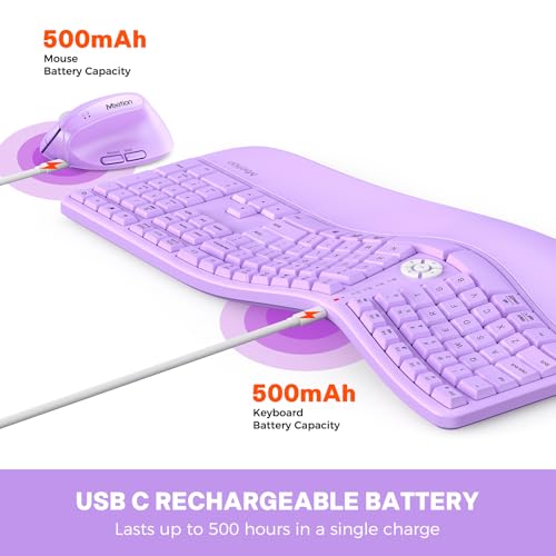 Image of MEETION Wireless Ergonomic Split Keyboard Vertical Mouse Combo, Full Size Rechargeable Keyboard with Wrist Rest for Windows Mac Laptop Desktop, Purple