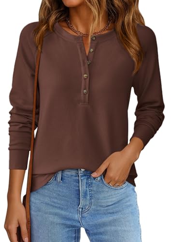 Image of PRETTYGARDEN Women's Long Sleeve Waffle Knit Henley Shirts Loose Tunic Tops