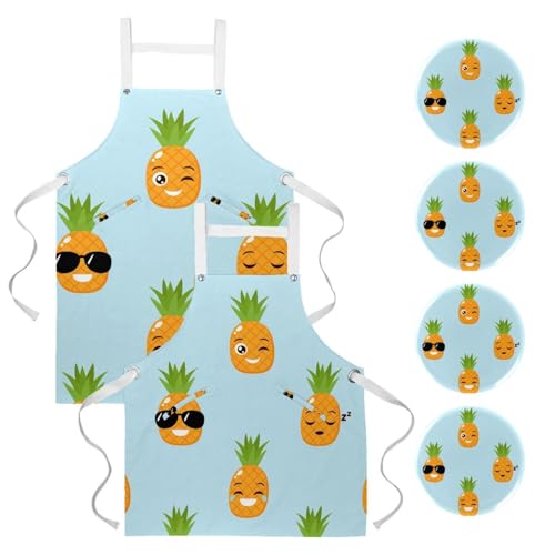 Lot de 2 tabliers de cuisine à motif ananas avec 4 broches pour la maison