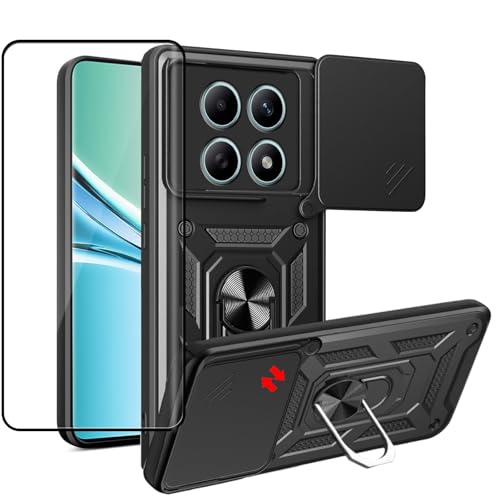 #ColaboraciónPagada<br>Funda para Xiaomi Redmi Note 15 5G/4G/Poco M8 5G Cristal Templado Teléfono con Diseño 3D Soporte Giratorio 360° Funda de Protección Resistente a los Arañazos con Tapa Deslizante Negro