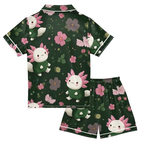Satin Pajama Sets Short Sleeve Cute Axolotl Floral Pattern Button Down Silky Nightwear 2 Piece PJS 5-14Y2