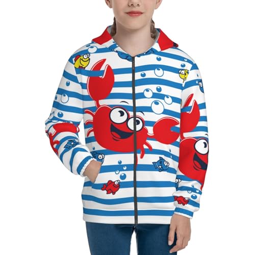 Red Funny Crab on Blue Stripe Kid Hoodies Boys Zip Up Sweatshirts Girls Pullover with Pocket3