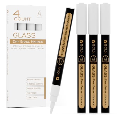 YEOUX Dry Erase Markers for Glass Board | No Residue | Whiteboard Markers | 1mm Ultra-Fine Tip Liquid Chalk Markers 4 Pack (White)