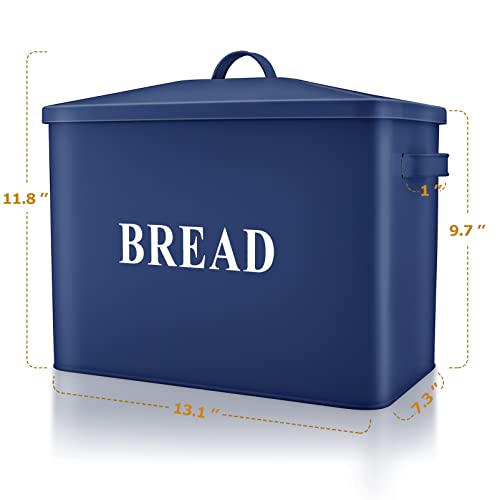 Teamfar Bread Box, 13.1‘’ X 11.8’’ X 7.3’’ Steel Metal Large Modern Classic Farmhouse Bread Container With Lid For Kitchen Countertop, High Capacity Bread Storage & Holds 2+ Loaves-Navy Blue #TOP1
