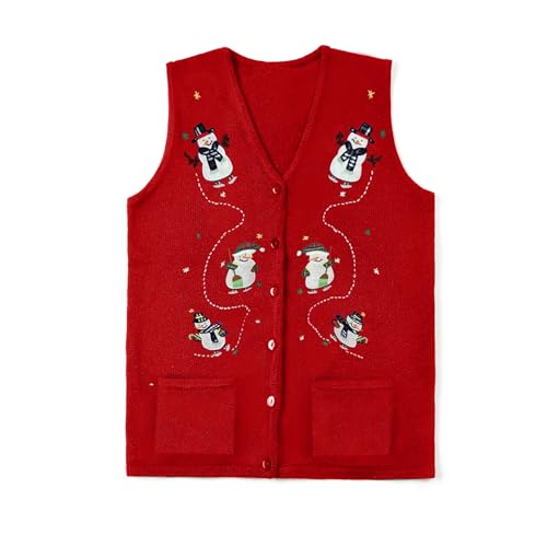 Image of Women Christmas Knit Vest Top Santa Embroidery Sleeveless Button Down Sweater Vest Xmas Snowman Cardigans Tank Top