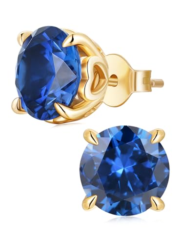 6.5mm Blue Sapphire Small Gold Stud Earrings Women Hypoallergenic Sterling Silver September Birthstone Earrings