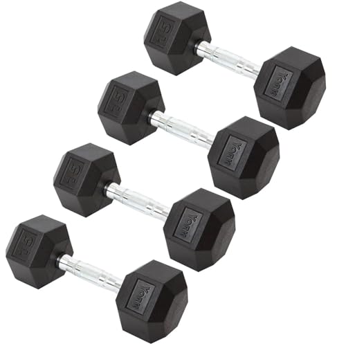 Hex Dumbbell Set 15LB Rubber Coated Fixed Weight Dumbbells with Chrome Ergonomic Handle Odorless & Durable for Home Gym Women’s Strength Training Full Body Workouts - Pack of 4