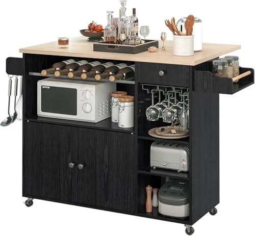 EGUIAS Carritos de Servicio Carrito móvil Carro rodante para Isla de Cocina, Carrito para Servir con Estante para microondas con Ruedas, cajón, estantes y Taza para Colgar, Negro
