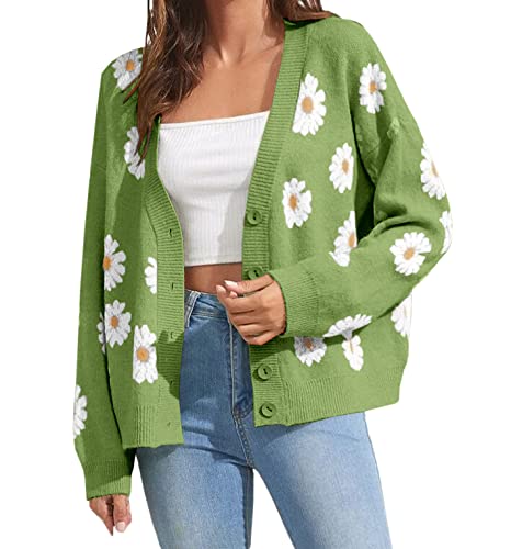 Women's Floral Print Cardigan Long Sleeve Open Front Button Down V Neck Knitted Sweaters