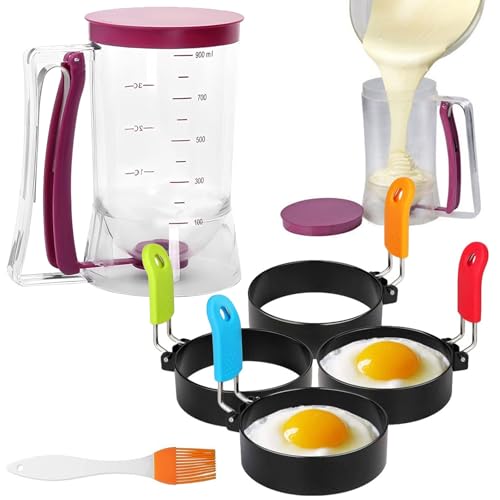 Lot de 6 portionneurs de pâte à gâteau de 900 ml avec 4 moules à omelette et 1 pinceau à huile en silicone, distributeur de pâte pour gâteaux, crêpes, muffins, gaufres