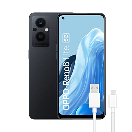 OPPO Reno 8 Lite + USB ケーブル - ロック解除済み携帯電話、128GB、8GB、64+2+2+16 MP カメラ、Android スマートフォン、4500mAh バッテリー、33W 急速充電、デュアル SIM - ブラック